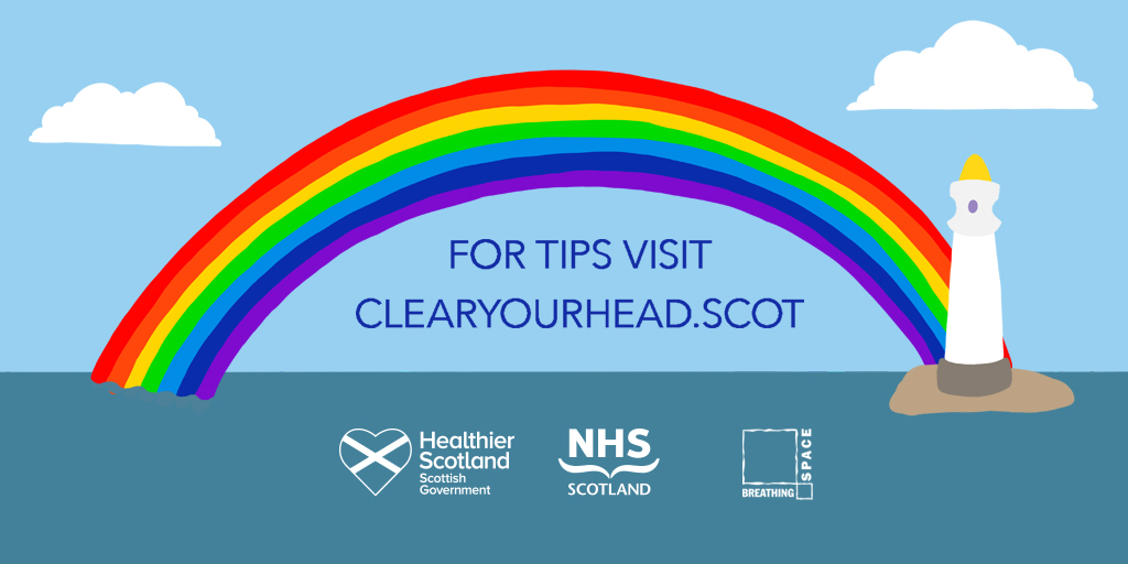 Clear Your Head dot Scot logo showing a rainbow and a lighthouse with link to clearyourhead.scot website